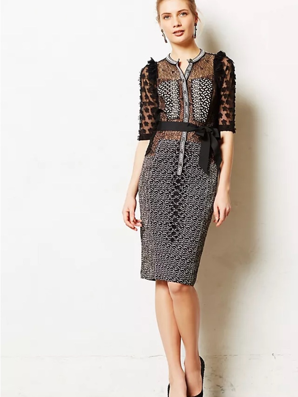 Byron Lars Black and White Lace-Detail Midi Dress